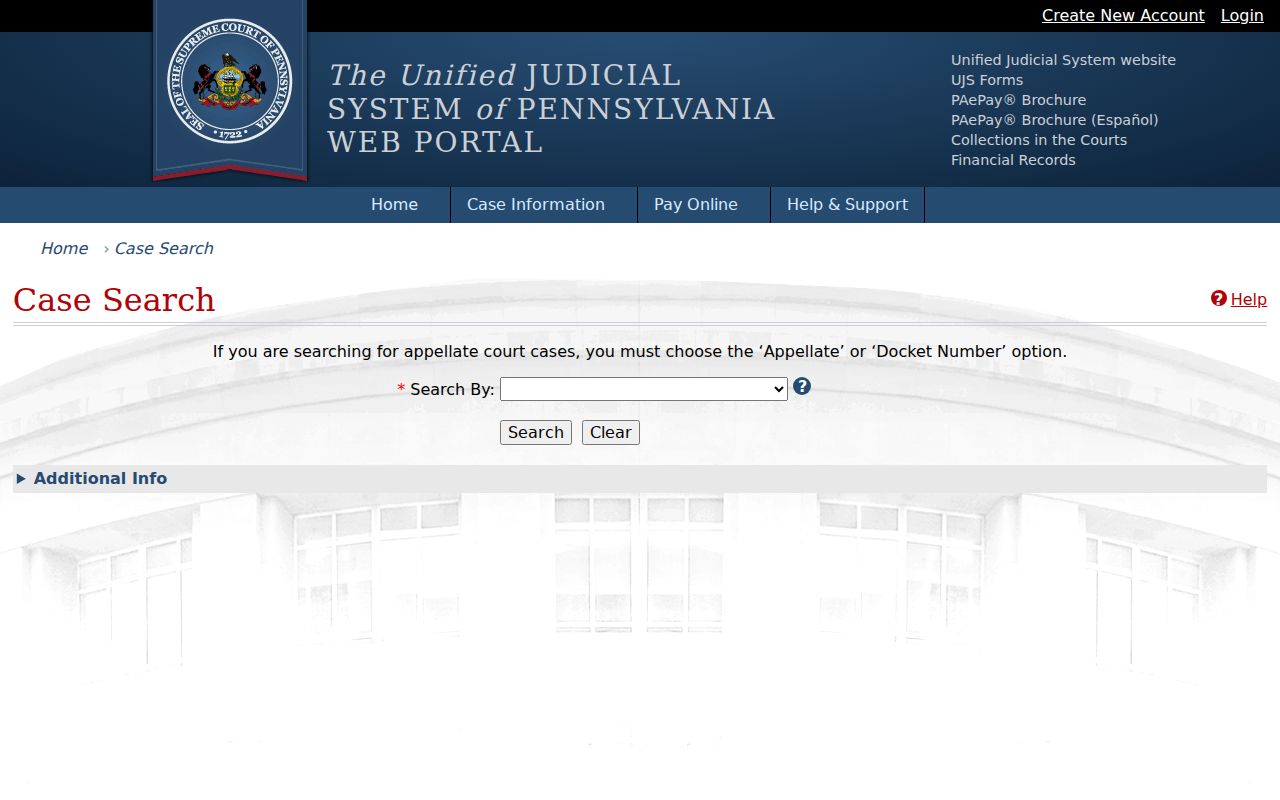Warren County criminal court case search tabs in the UJS portal
