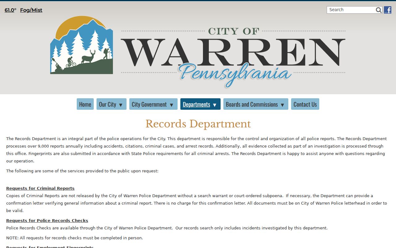 Official Warren Police Records Department page describing record checks and report limits